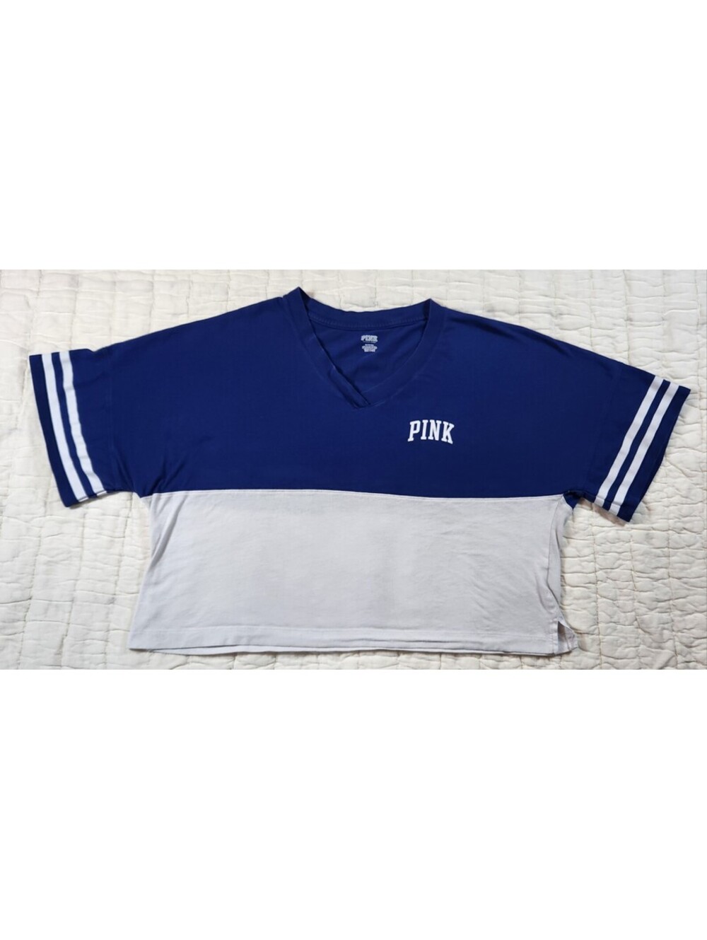 Victoria's Secret PINK Varsity Crop V-neck Tee Blue/White Size Medium